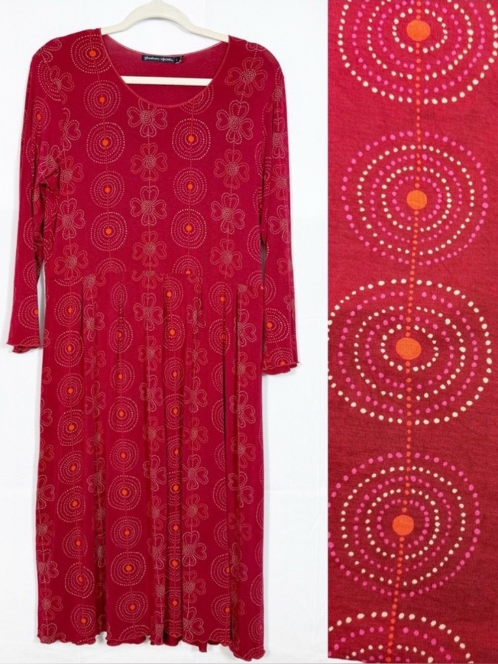 Gudrun Sjoden Pleated Midi Dress Floral Deco Babydoll Lagenlook Art To Wear Red